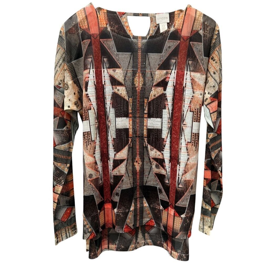CHICO'S Brown Print Tee Small (Chicos 0) Long Sleeve Southwest Boho Top NWOT